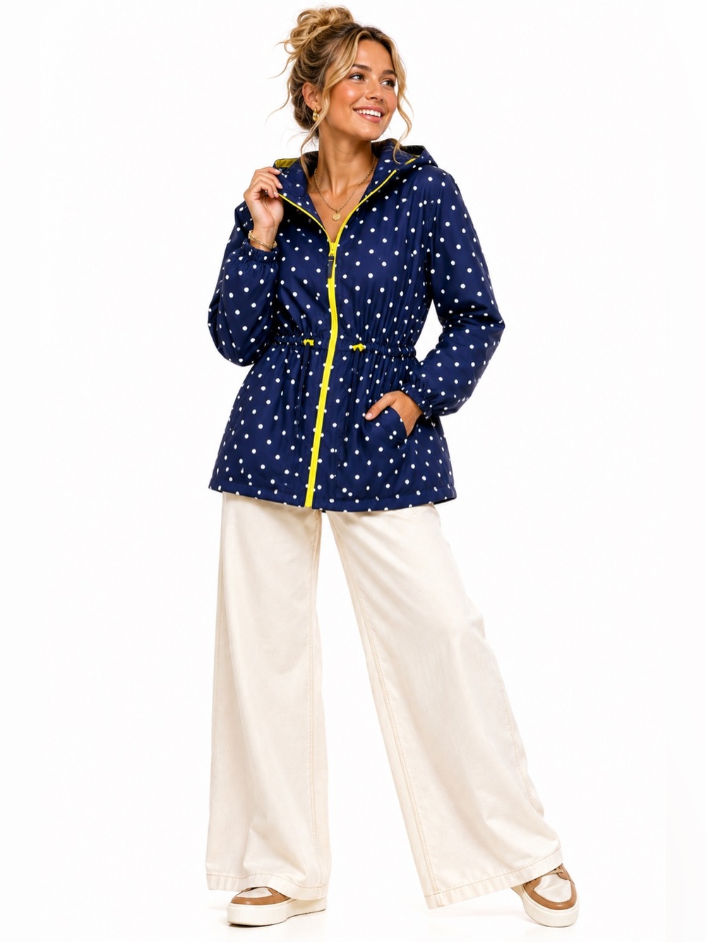 St. John's Bay XL NWT Navy Polka Dot Anorak Rain Jacket Hooded Yellow Zip